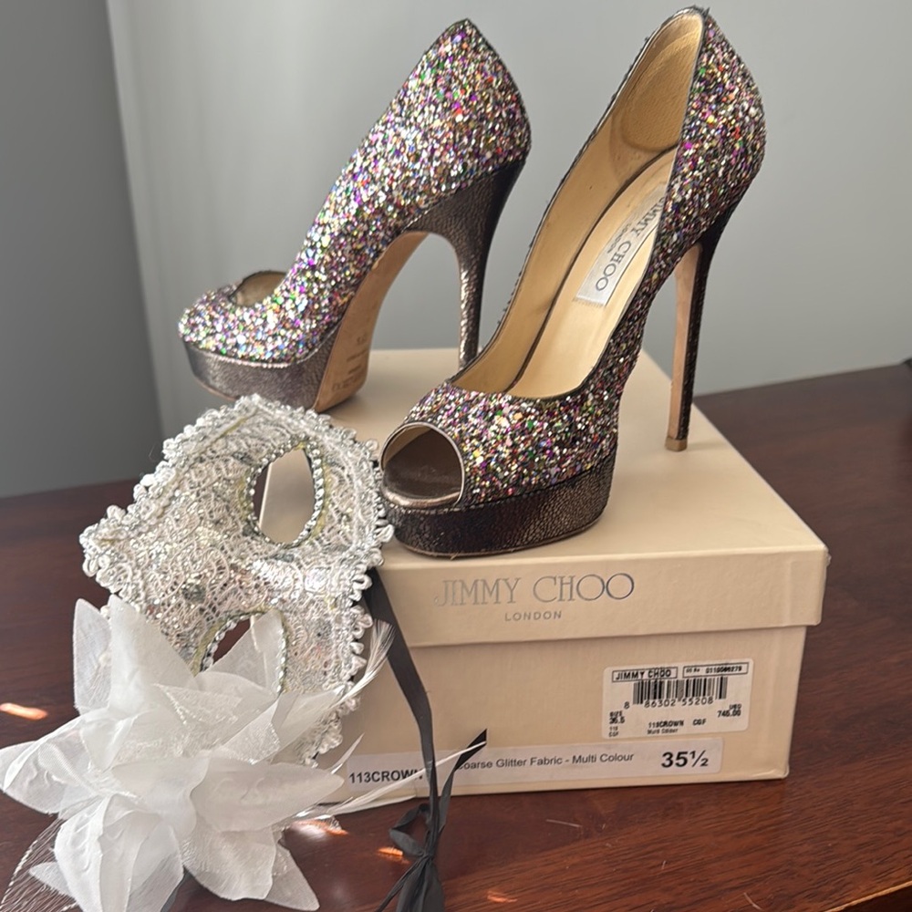 Jimmy Choo Silver Stiletto Peep-Toe Heels